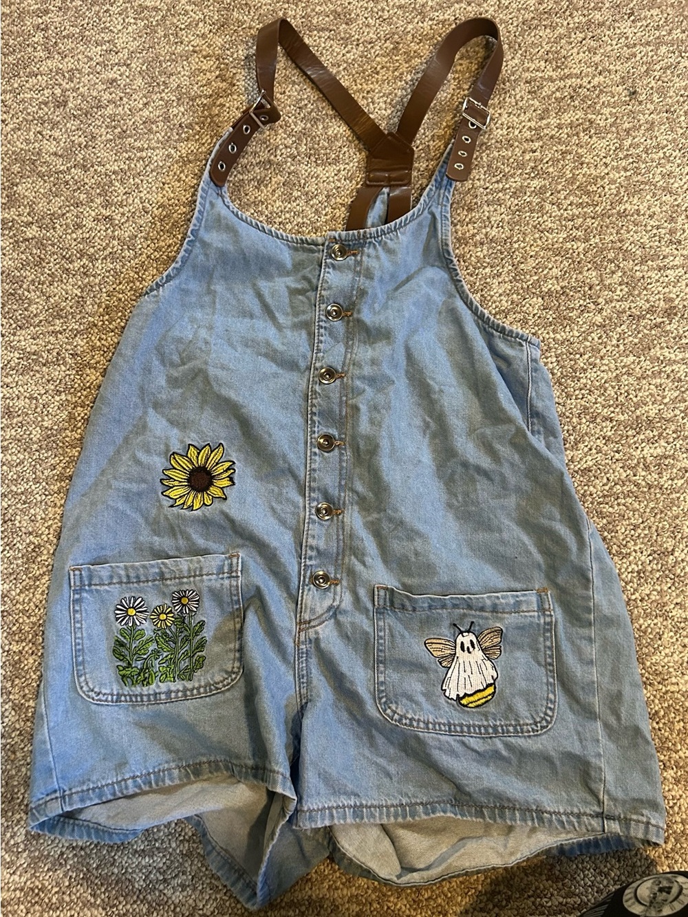 Hot Topic Light Blue Denim Shortall Romper with Brown Straps & Floral Patches